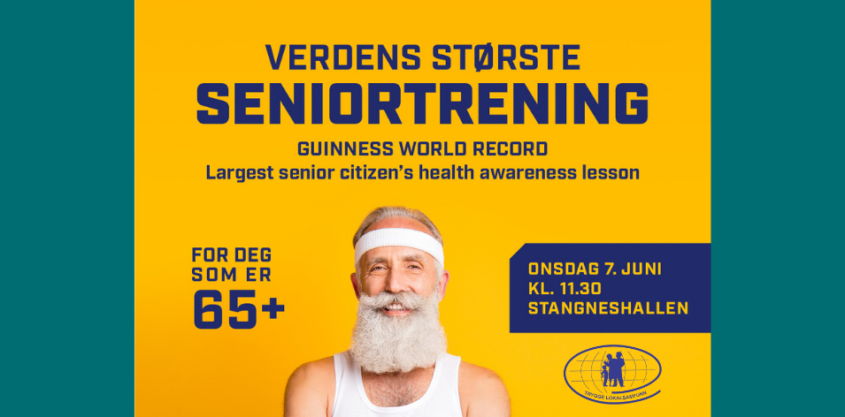 Invitasjon til verdens største seniortrening i Harstad. Blå tekst på gul bakgrunn. Det er også bilde av en mann med grått hår og skjegg, og et svettebånd rundt hodet.