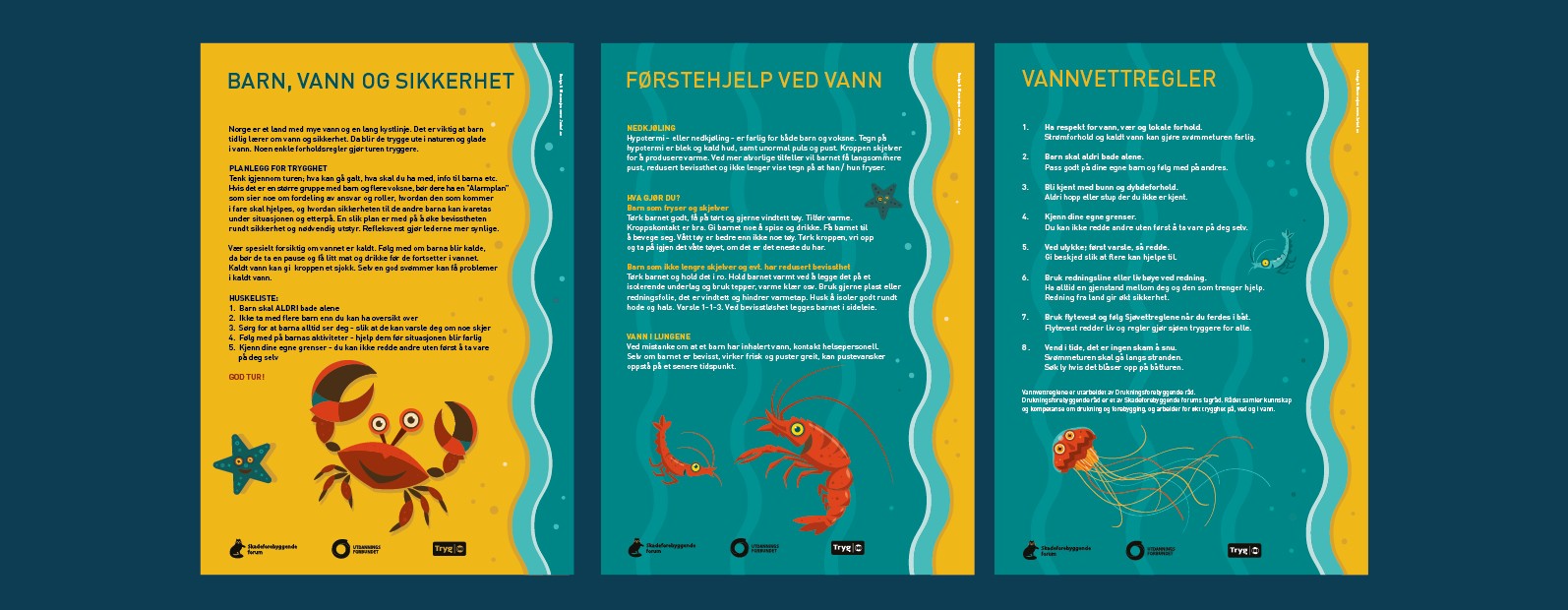 Vannvettreglene – forsidebile Bilder viser tre sider av brosjyren om vannsikkerhet, hvorav vannvettreglene er en av dem.