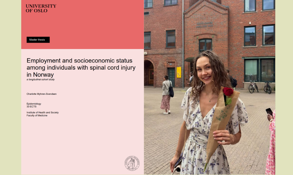 Charlotte Myhren-Svendsen med en rose fra uteksaminering, og et bilde av forsiden på hennes masteroppgave