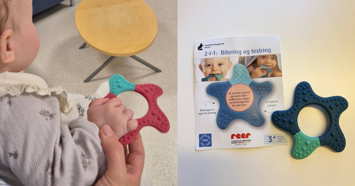 Bitering fra Skafor brukes av en baby. Ringen fungerer også som testring: alt som passer gjennom hullet kan utgjøre en kvelningsrisiko.